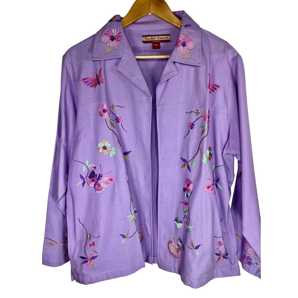 Tudor Court Jacket Women Large Purple Embroidered Butterfly Floral Cotton Canvas
